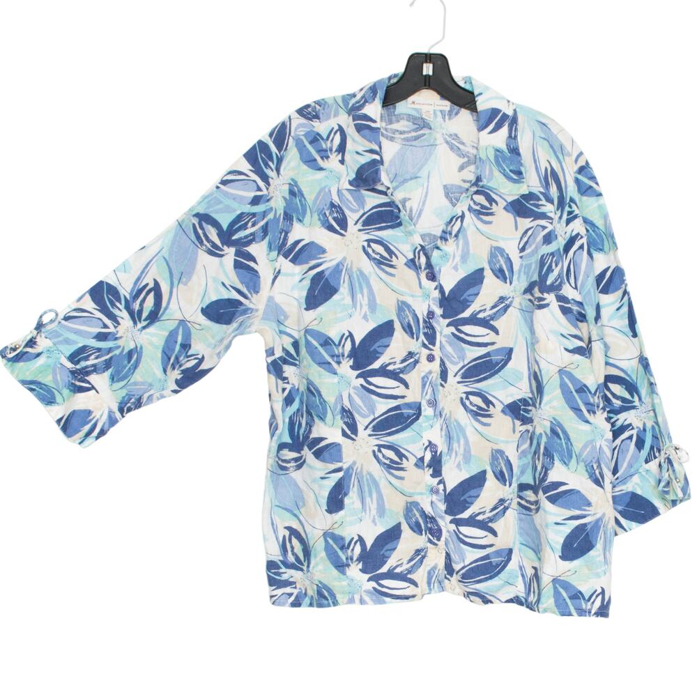 JM Collection Top 3/4 Sleeve Floral Linen Coastal Tropical Resort Button Up 22W